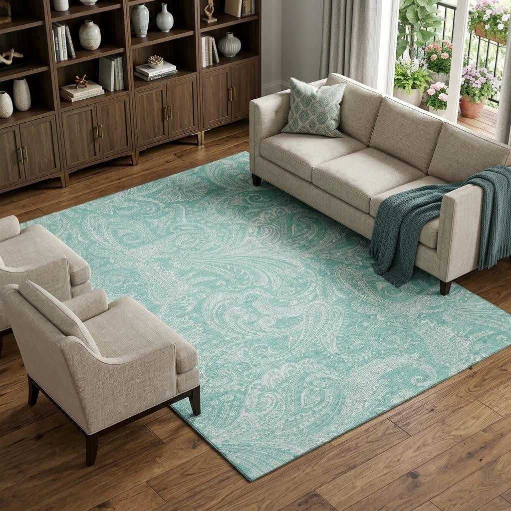 8 X 10 Teal And Ivory Paisley Washable Area Rug With UV Protection