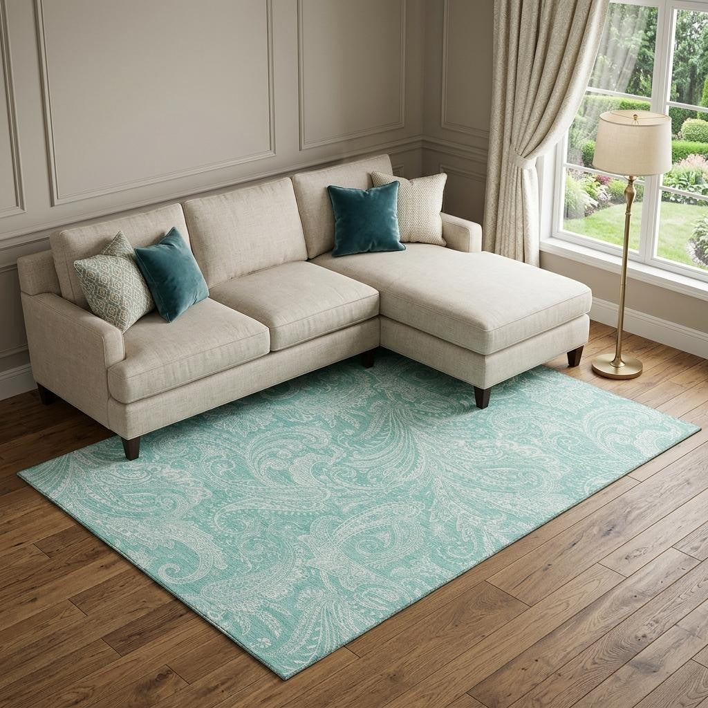 10 X 14 Teal And Ivory Paisley Washable Area Rug With UV Protection
