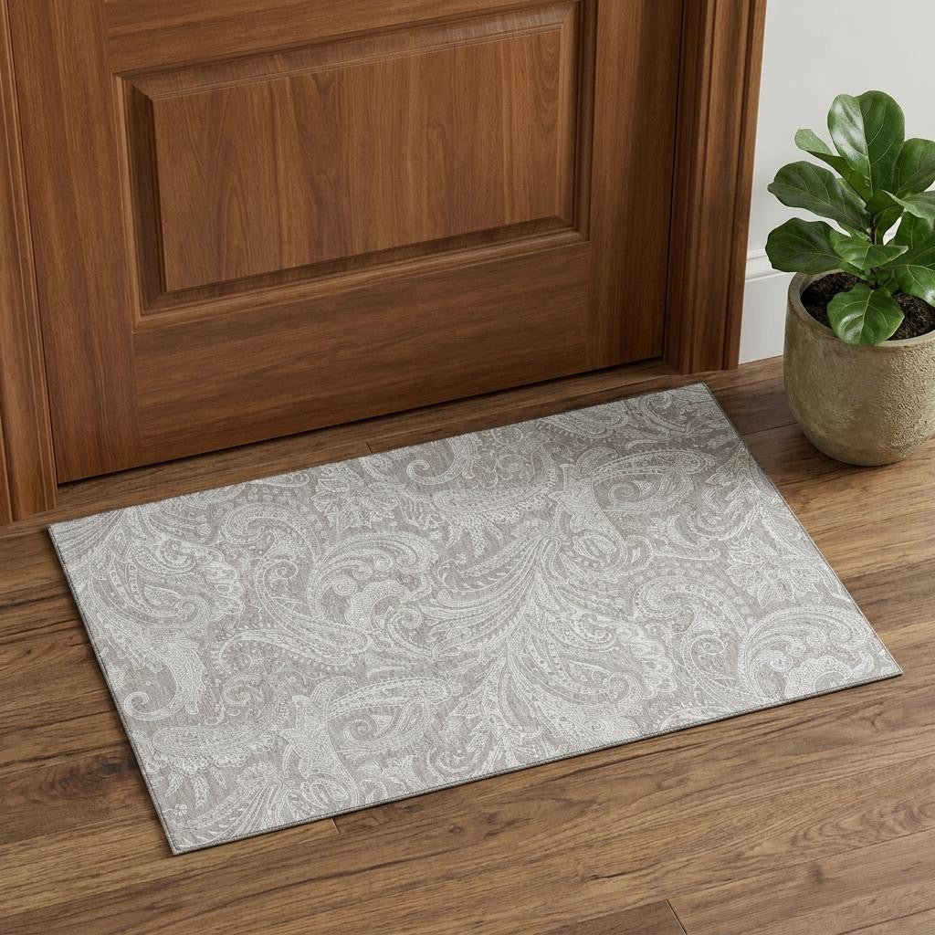 3 X 5 Taupe And Ivory Paisley Washable Area Rug With UV Protection