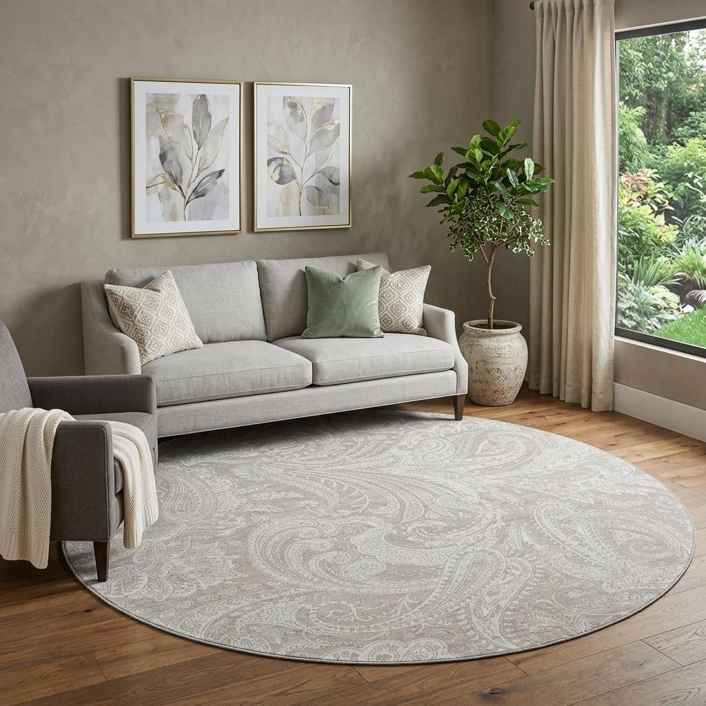 8 Taupe And Ivory Paisley Washable Round Rug With UV Protection