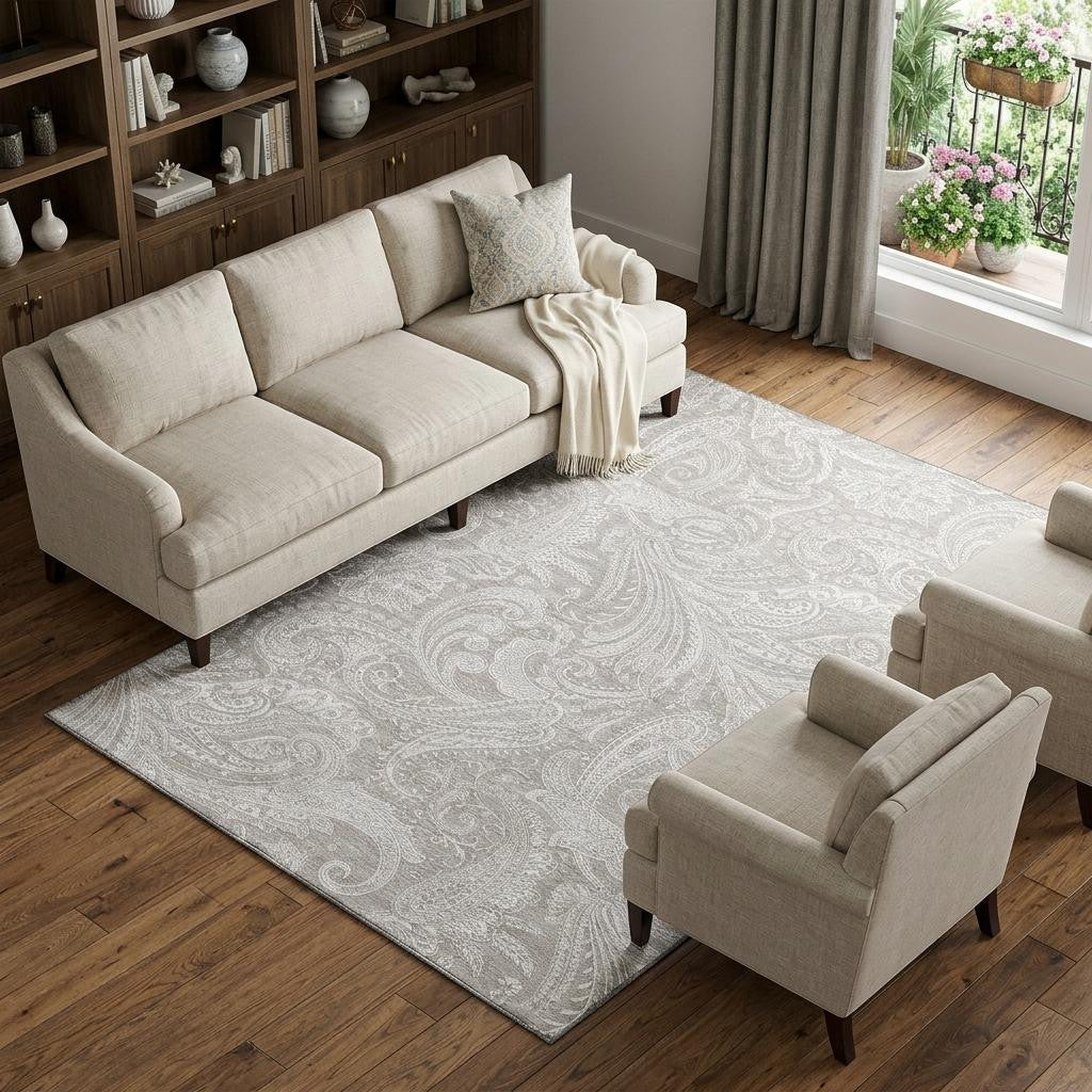 8 X 10 Taupe And Ivory Paisley Washable Area Rug With UV Protection