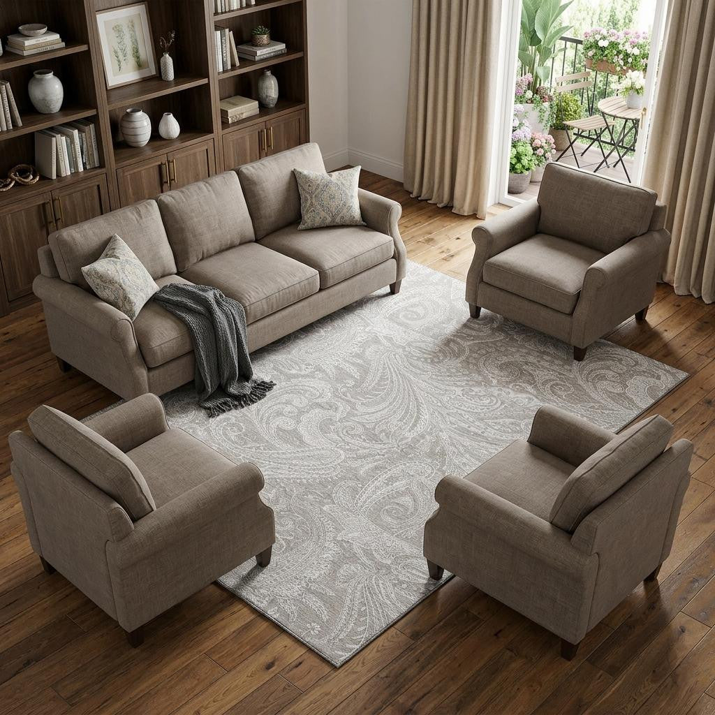 9 X 12 Taupe And Ivory Paisley Washable Area Rug With UV Protection