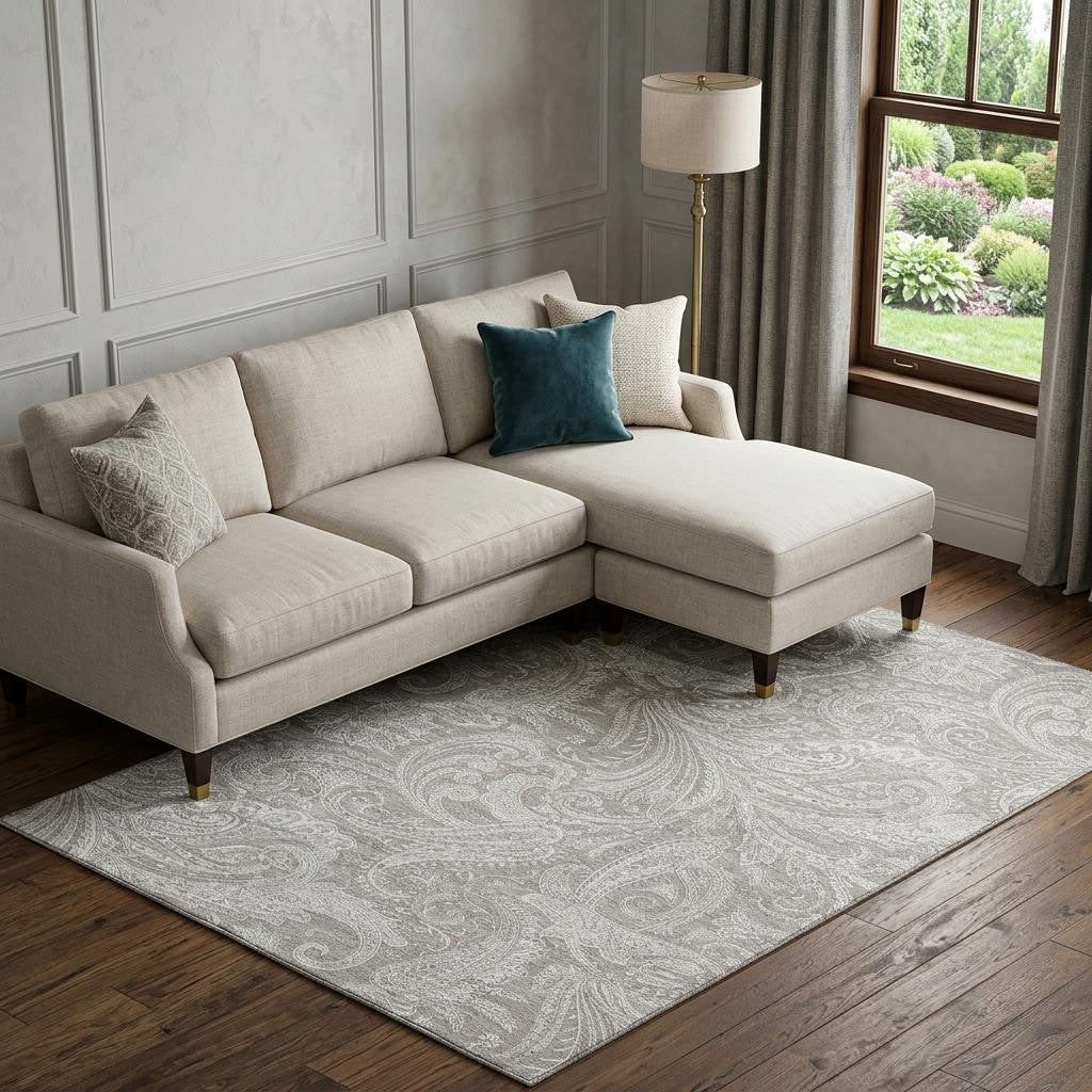 10 X 14 Taupe And Ivory Paisley Washable Area Rug With UV Protection