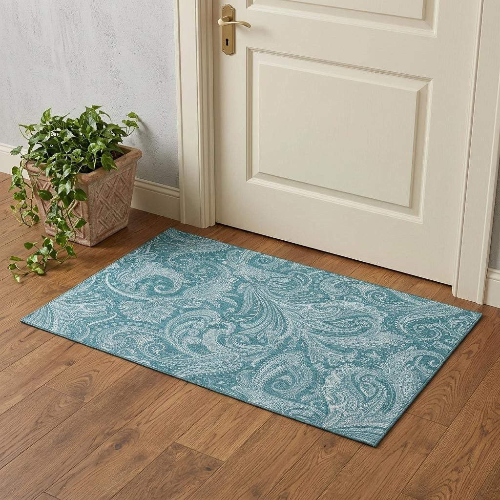 3 X 5 Turquoise And Ivory Paisley Washable Area Rug With UV Protection