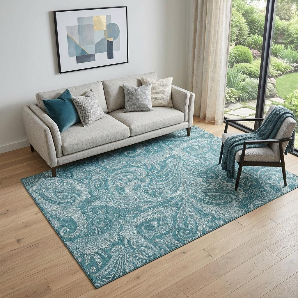 5 X 8 Turquoise And Ivory Paisley Washable Area Rug With UV Protection
