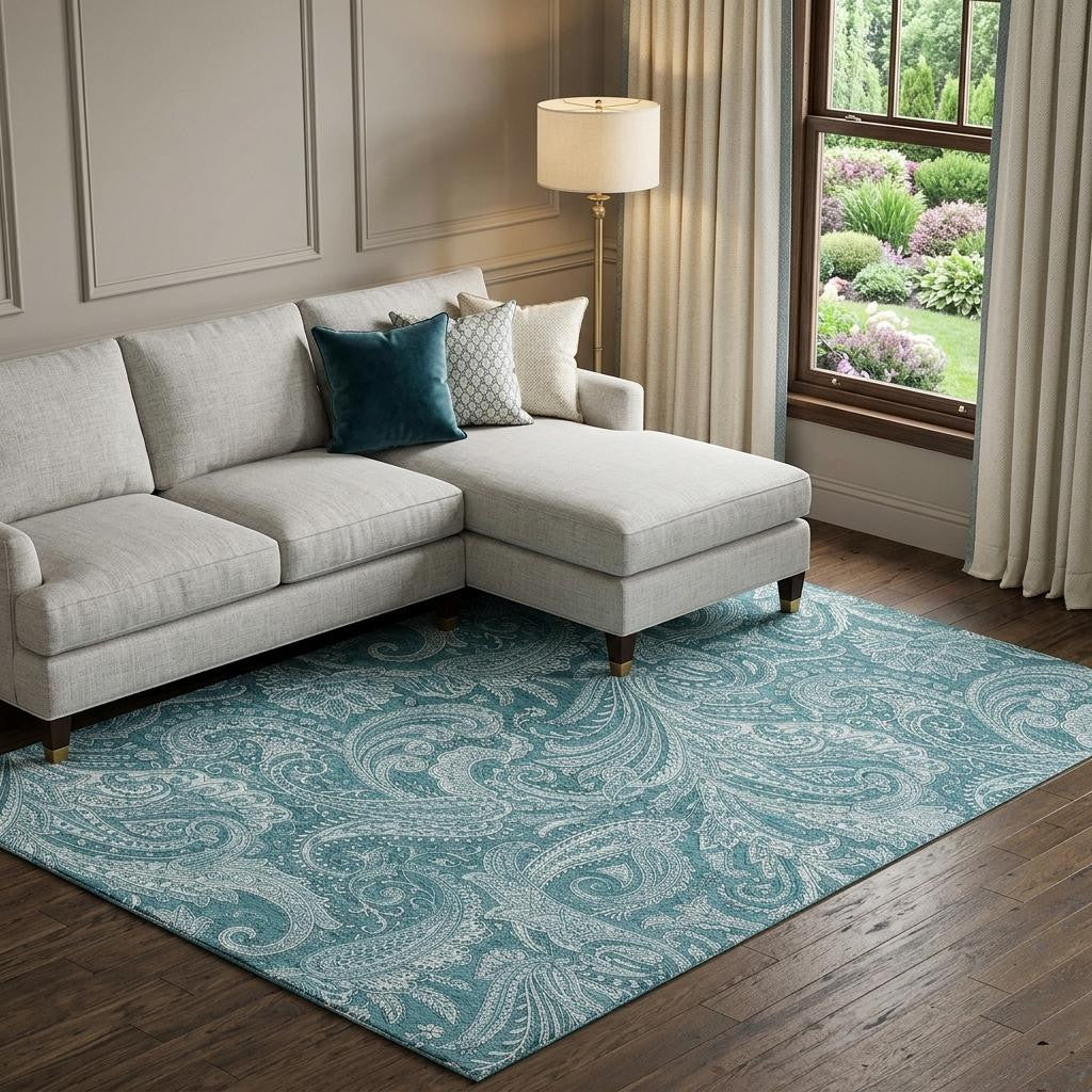 8 X 10 Turquoise And Ivory Paisley Washable Area Rug With UV Protection