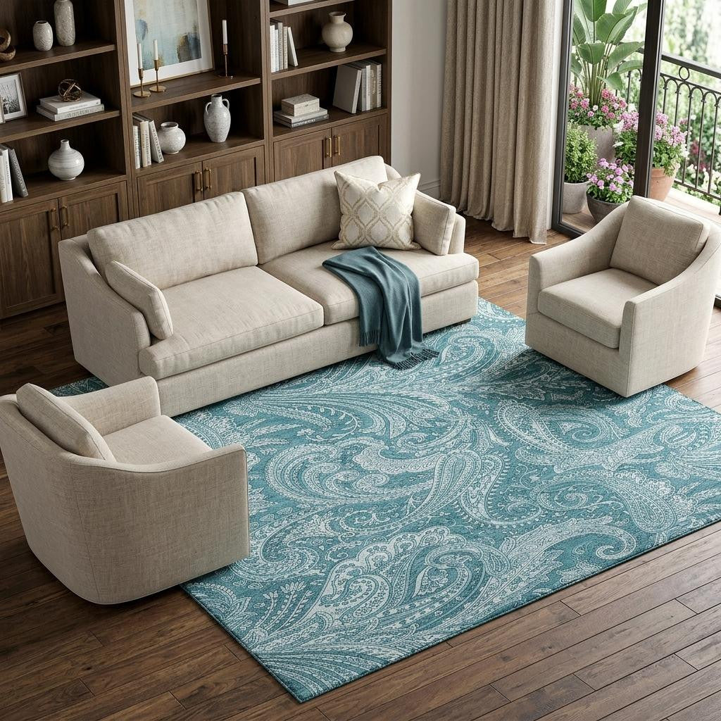 9 X 12 Turquoise And Ivory Paisley Washable Area Rug With UV Protection