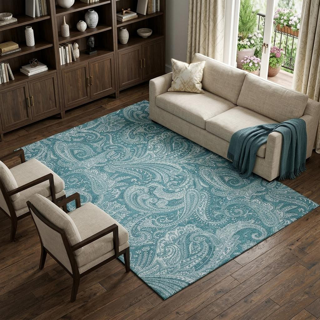 10 X 14 Turquoise And Ivory Paisley Washable Area Rug With UV Protection
