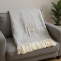 55 X 70 Gray And White Herringbone Cotton Blend F Initial Throw Blanket with Tassels And Embroidery