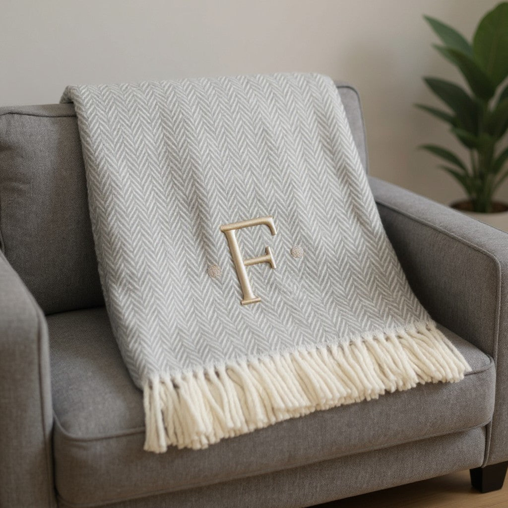 55 X 70 Gray And White Herringbone Cotton Blend F Initial Throw Blanket with Tassels And Embroidery