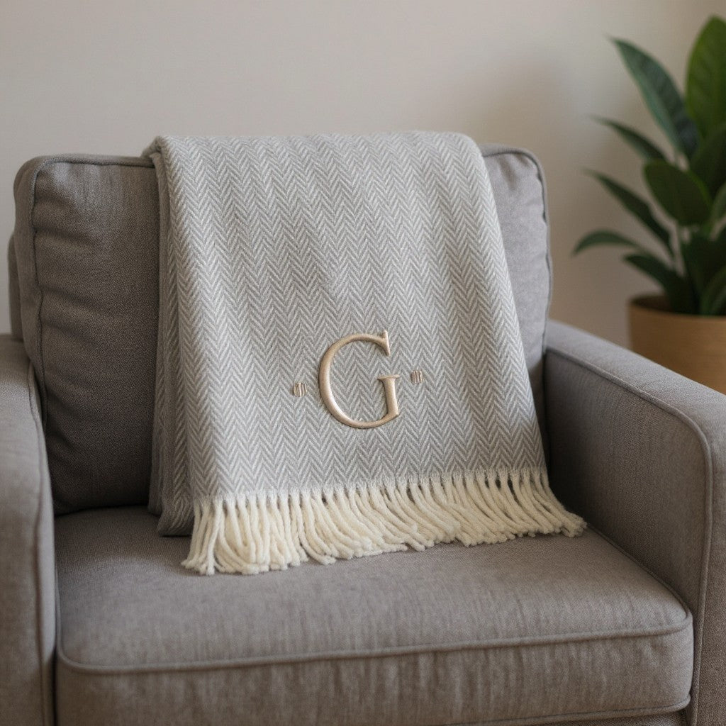 55 X 70 Gray And White Herringbone Cotton Blend G Initial Throw Blanket with Tassels And Embroidery