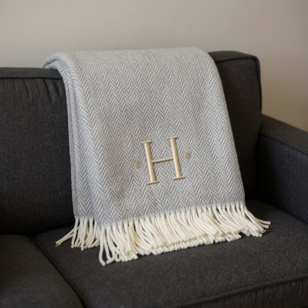55 X 70 Gray And White Herringbone Cotton Blend H Initial Throw Blanket with Tassels And Embroidery