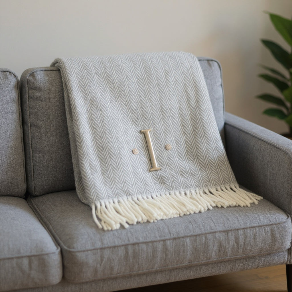55 X 70 Gray And White Herringbone Cotton Blend I Throw Blanket with Tassels And Embroidery
