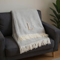 55 X 70 Gray And White Herringbone Cotton Blend L Initial Throw Blanket with Tassels And Embroidery