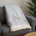 55 X 70 Gray And White Herringbone Cotton Blend N Initial Throw Blanket with Tassels And Embroidery