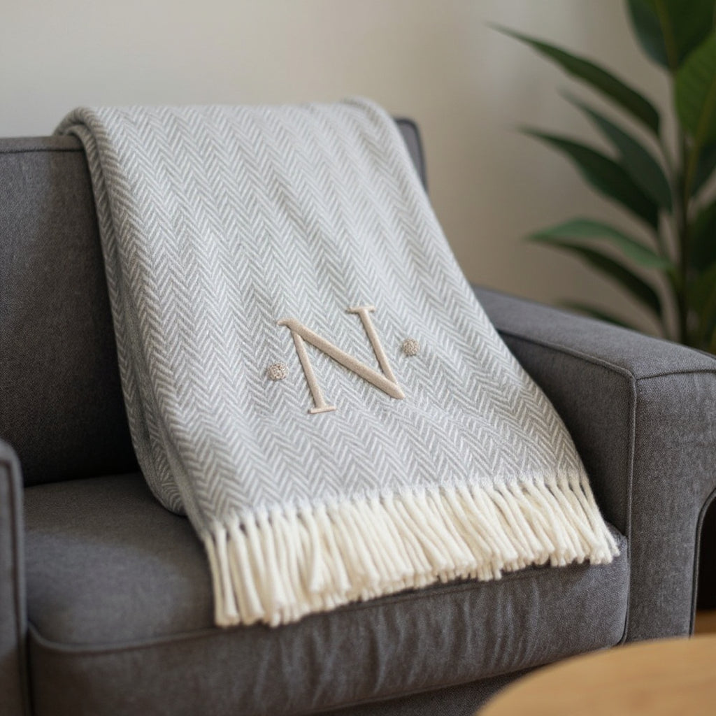 55 X 70 Gray And White Herringbone Cotton Blend N Initial Throw Blanket with Tassels And Embroidery