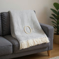 55 X 70 Gray And White Herringbone Cotton Blend O Initial Throw Blanket with Tassels And Embroidery