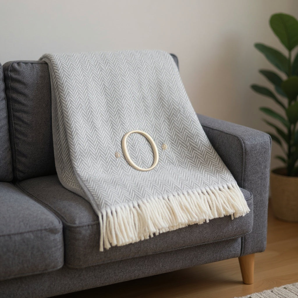 55 X 70 Gray And White Herringbone Cotton Blend O Initial Throw Blanket with Tassels And Embroidery