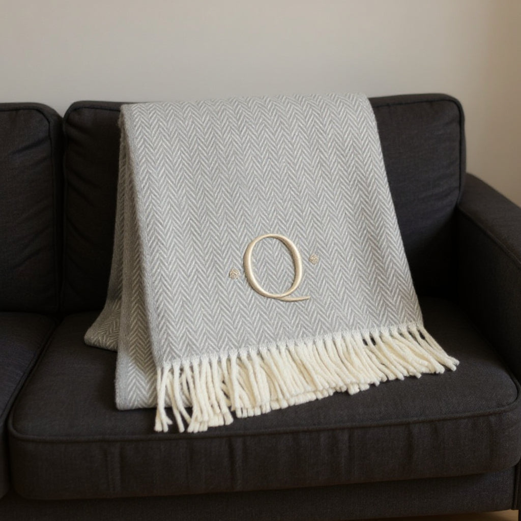 55 X 70 Gray And White Herringbone Cotton Blend Q Initial Throw Blanket with Tassels And Embroidery