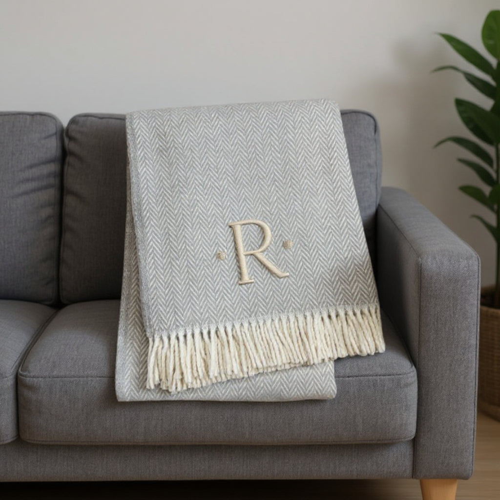 55 X 70 Gray And White Herringbone Cotton Blend R Initial Throw Blanket with Tassels And Embroidery