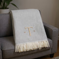 55 X 70 Gray And White Herringbone Cotton Blend T Initial Throw Blanket with Tassels And Embroidery
