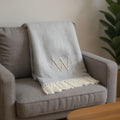 55 X 70 Gray And White Herringbone Cotton Blend W Initial Throw Blanket with Tassels And Embroidery