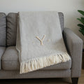55 X 70 Gray And White Herringbone Cotton Blend Y Initial Throw Blanket with Tassels And Embroidery