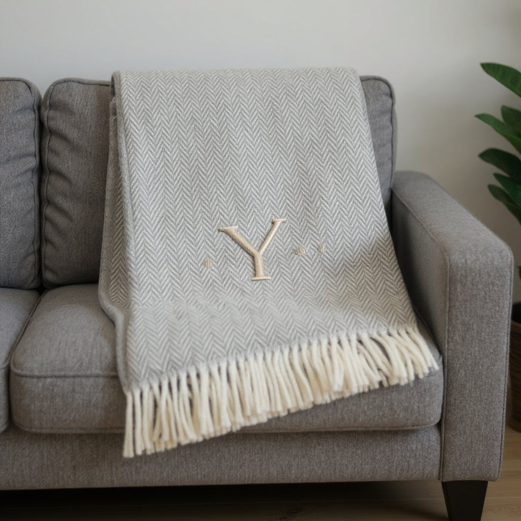 55 X 70 Gray And White Herringbone Cotton Blend Y Initial Throw Blanket with Tassels And Embroidery