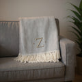 55 X 70 Gray And White Herringbone Cotton Blend Z Initial Throw Blanket with Tassels And Embroidery