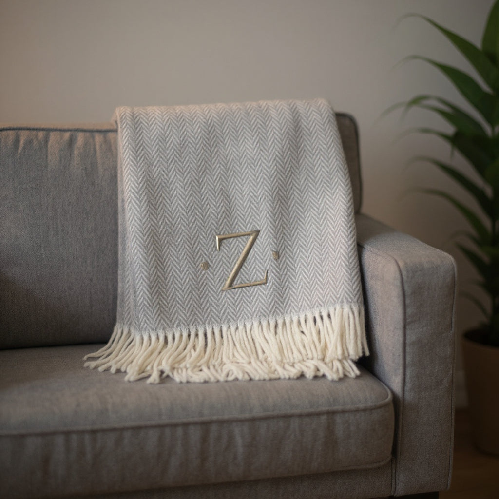 55 X 70 Gray And White Herringbone Cotton Blend Z Initial Throw Blanket with Tassels And Embroidery