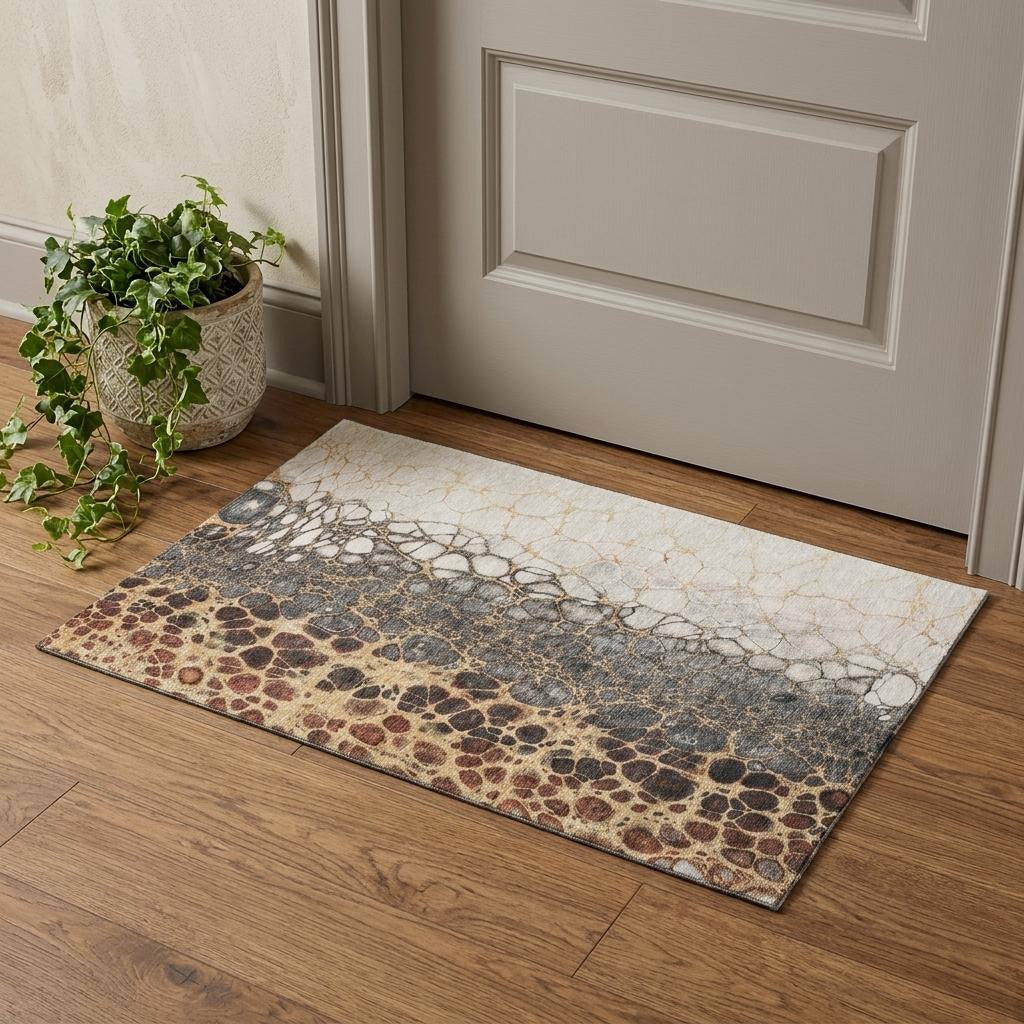 3 X 5 Ivory Gray And Gold Abstract Distressed Washable Area Rug With UV Protection
