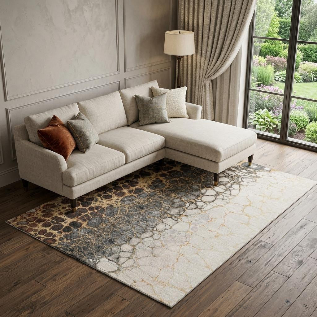 8 X 10 Ivory Gray And Gold Abstract Distressed Washable Area Rug With UV Protection