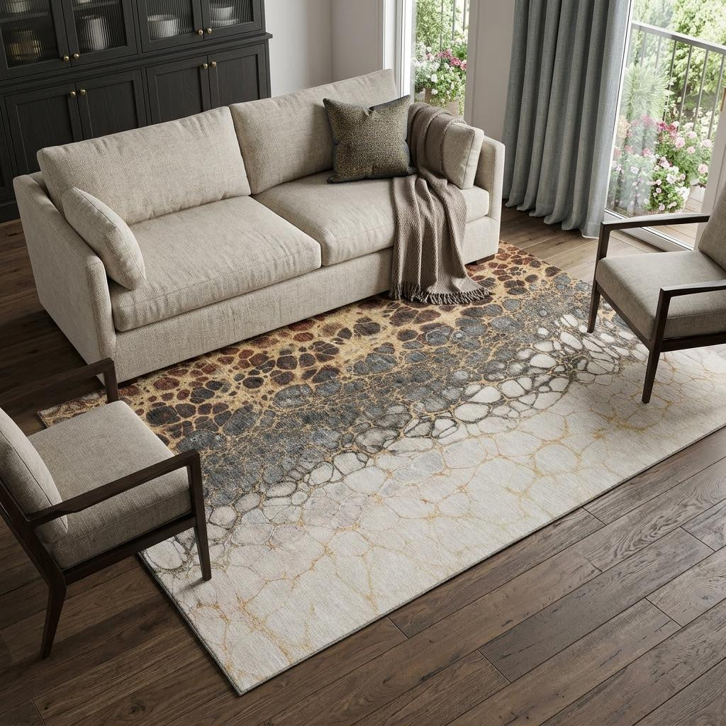 9 X 12 Ivory Gray And Gold Abstract Distressed Washable Area Rug With UV Protection