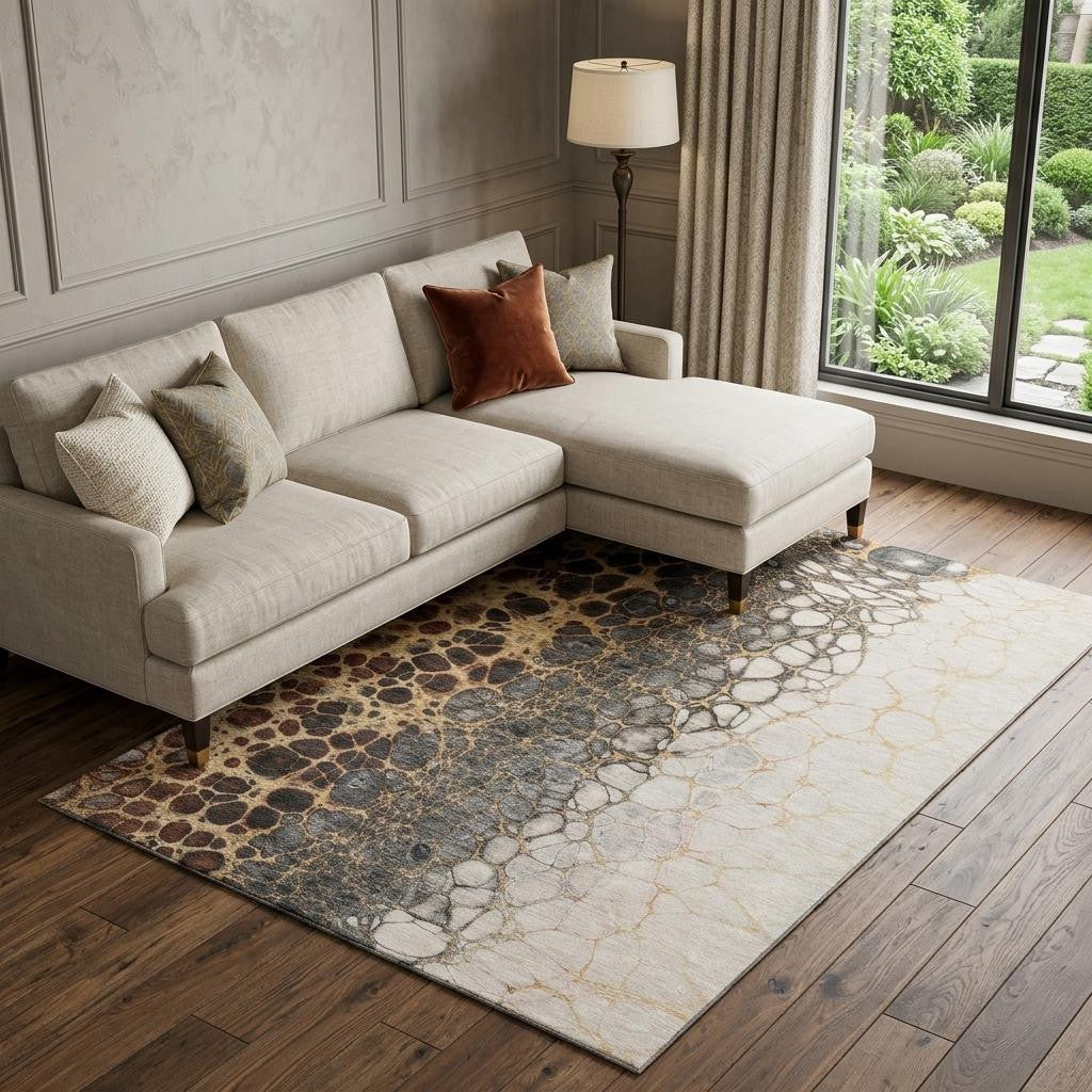 10 X 14 Ivory Gray And Gold Abstract Distressed Washable Area Rug With UV Protection