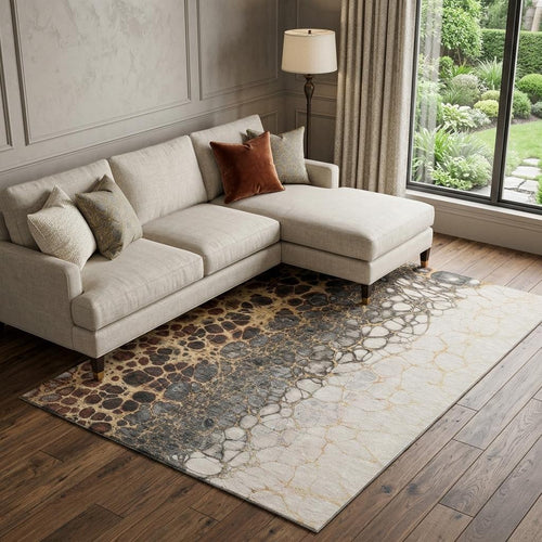 10 X 14 Ivory Gray And Gold Abstract Distressed Washable Area Rug With UV Protection
