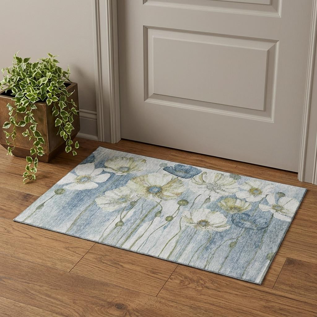 3 X 5 Blue Ivory And Gold Floral Washable Area Rug With UV Protection