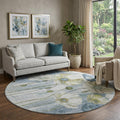 8 Blue Ivory And Gold Floral Washable Round Rug With UV Protection