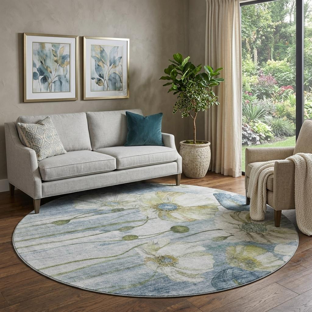 8 Blue Ivory And Gold Floral Washable Round Rug With UV Protection