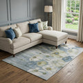 8 X 10 Blue Ivory And Gold Floral Washable Area Rug With UV Protection