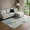 9 X 12 Blue Ivory And Gold Floral Washable Area Rug With UV Protection
