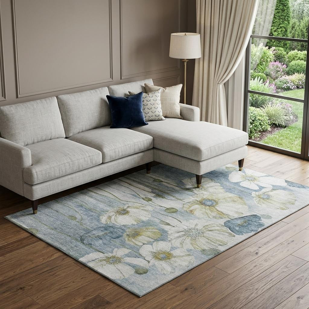 9 X 12 Blue Ivory And Gold Floral Washable Area Rug With UV Protection