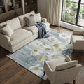 10 X 14 Blue Ivory And Gold Floral Washable Area Rug With UV Protection