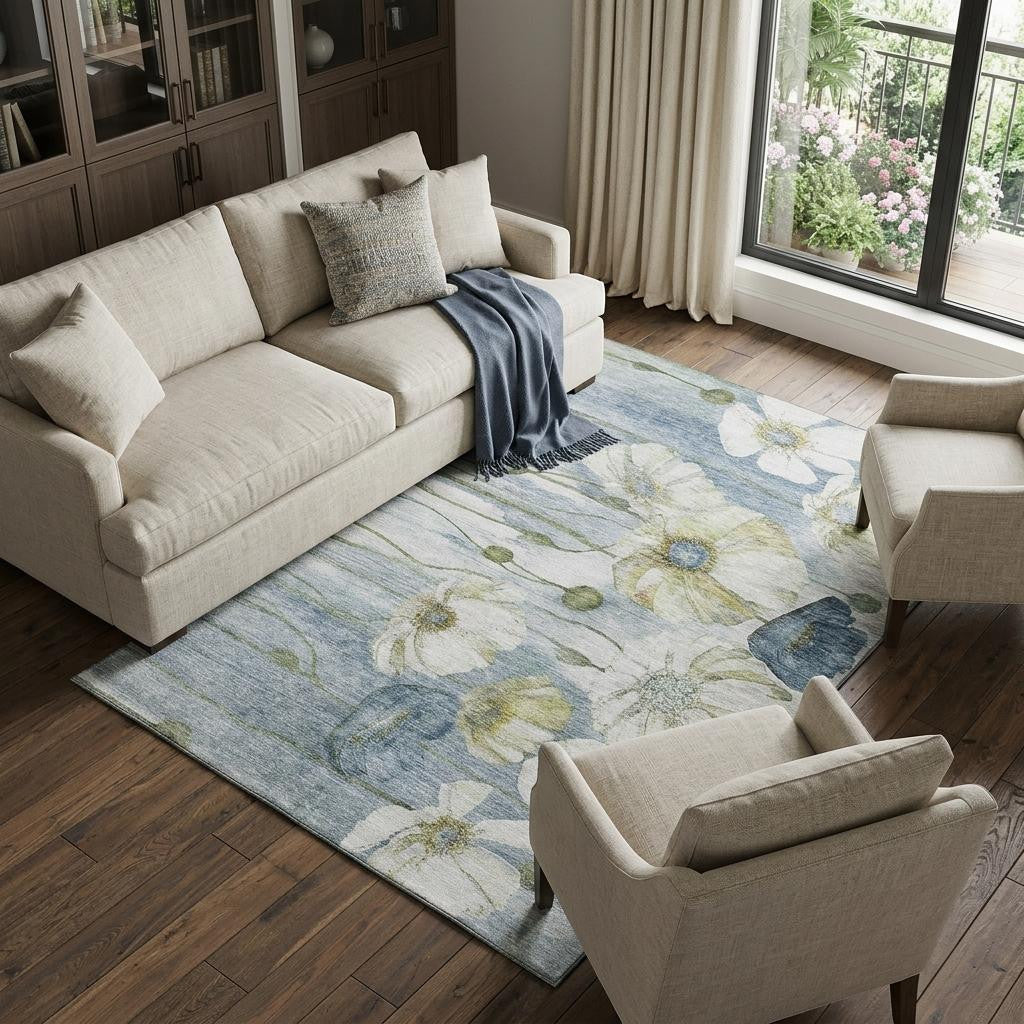 10 X 14 Blue Ivory And Gold Floral Washable Area Rug With UV Protection