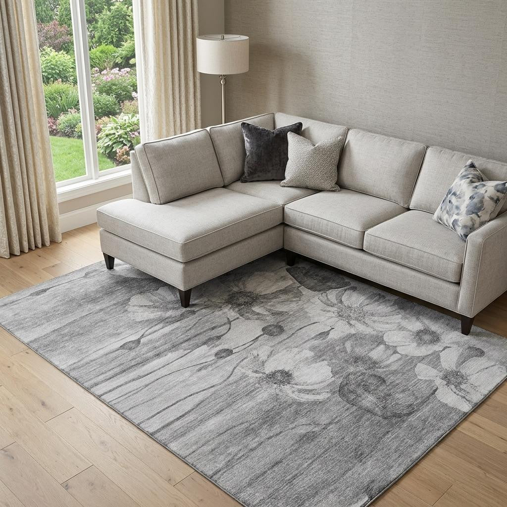 8 X 10 Gray And Silver Floral Washable Area Rug With UV Protection
