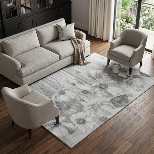 10 X 14 Gray And Silver Floral Washable Area Rug With UV Protection