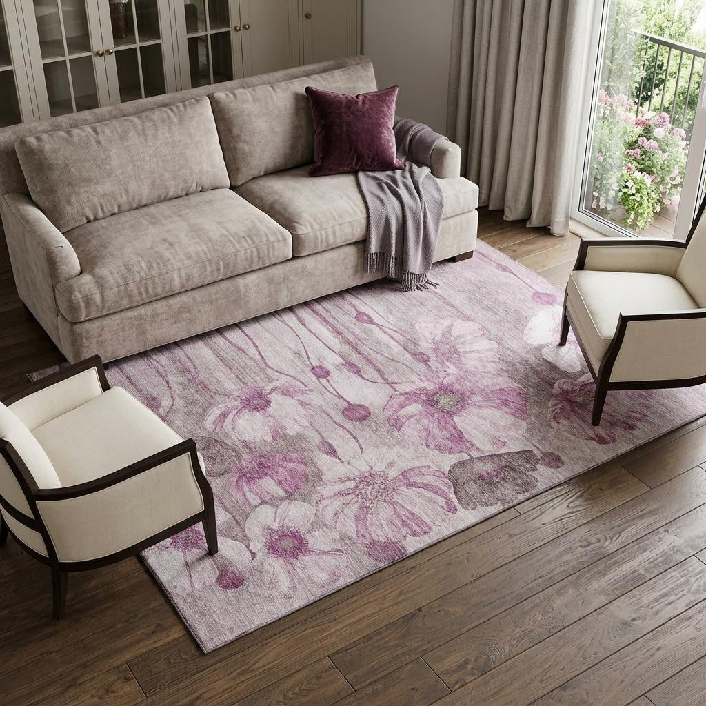 8 X 10 Plum And Ivory Floral Washable Area Rug With UV Protection