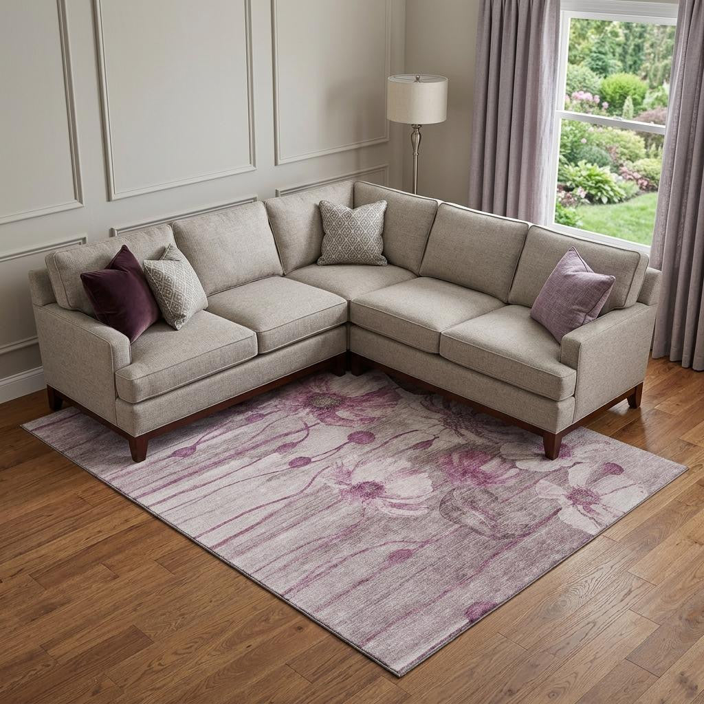 9 X 12 Plum And Ivory Floral Washable Area Rug With UV Protection
