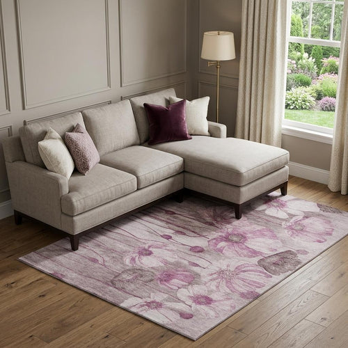10 X 14 Plum And Ivory Floral Washable Area Rug With UV Protection