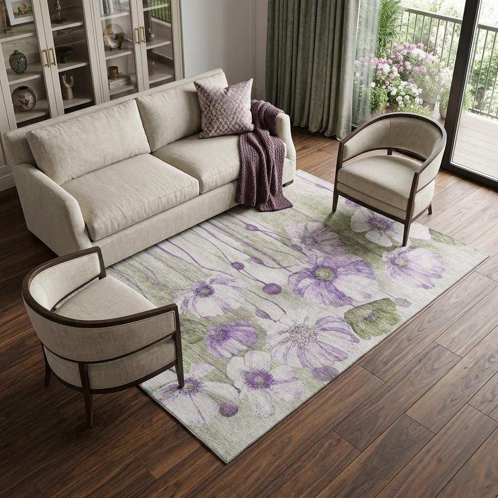 10 X 14 Purple Green And Ivory Floral Washable Area Rug With UV Protection