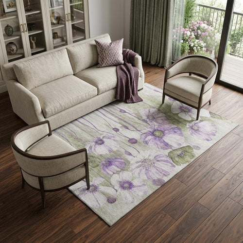 10 X 14 Purple Green And Ivory Floral Washable Area Rug With UV Protection